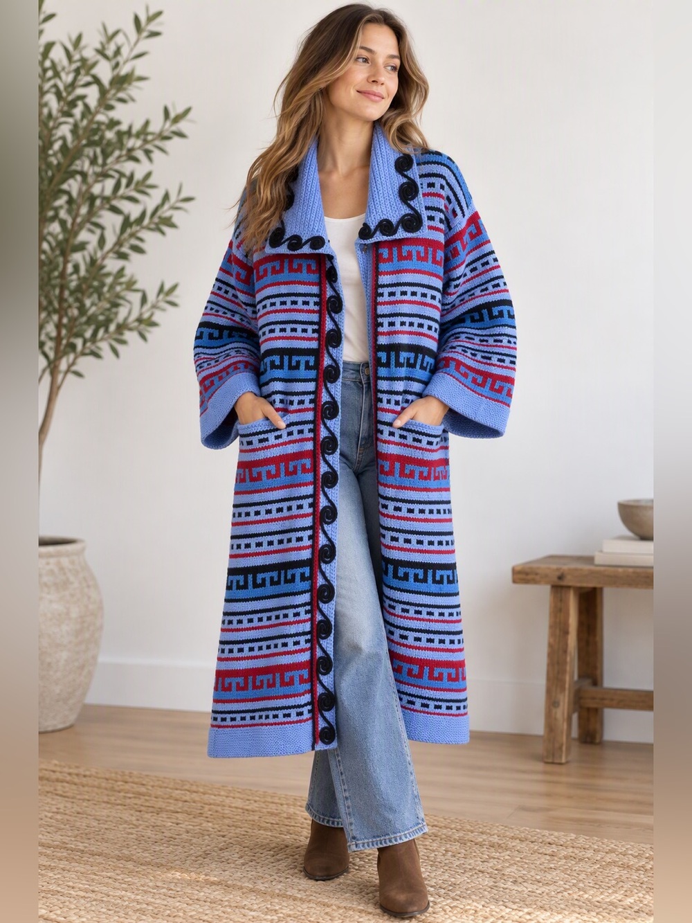 Hand-Knit Kimono Style Long Cardigan Sweater Jacket Boho Artisan Knit